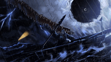 a painting of a boat in a storm with a shark and a balloon in the background