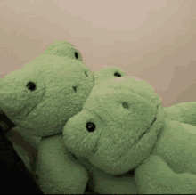 two green stuffed frogs are hugging each other .