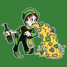 a cartoon leprechaun is holding a bottle and vomiting candy