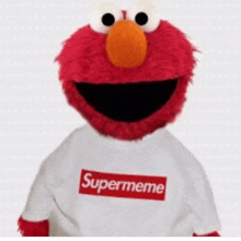 elmo from sesame street wearing a white supreme shirt