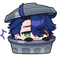 a cartoon character with blue hair is sitting in a trash can .