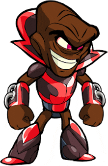 a cartoon character wearing a red and black outfit with chains around his arms