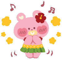 a pink teddy bear wearing a hula skirt with music notes surrounding it