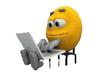 a yellow smiley face is sitting on a chair typing on a laptop .