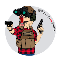 a cartoon of a man with binoculars and a gun with the words @airsoftinspain written below him