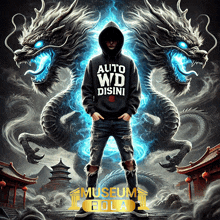 a man wearing a hoodie that says auto wd disini stands in front of two dragons