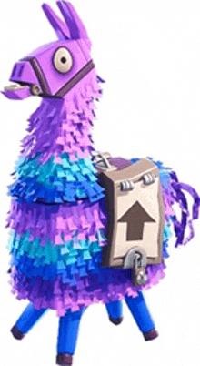 a purple and blue piñata llama with an arrow on its back