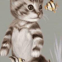 a kitten is sitting next to a fish and a fish is flying over it .