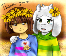 a drawing of a girl and a goat with flowers on their heads and the words thank you below them