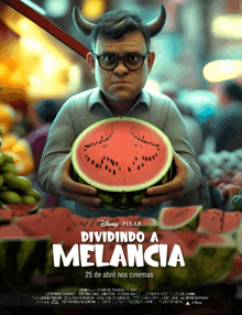 a movie poster for dividindo a melancia shows a man with horns holding a watermelon