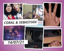 a collage of photos with coral and sebastian written on the top