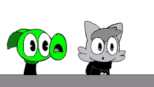 a cartoon of a green frog and a gray cat standing next to each other .