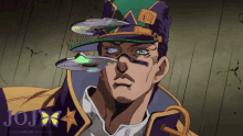 a poster for jojo 's bizarre adventure shows a man wearing a hat and glasses