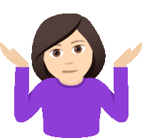 a woman in a purple shirt is shrugging her shoulders with her hands outstretched