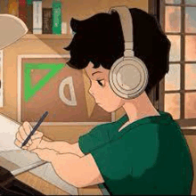 a cartoon boy wearing headphones is sitting at a desk .