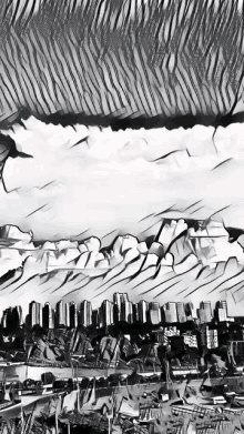 a black and white drawing of a city skyline with a zebra print background