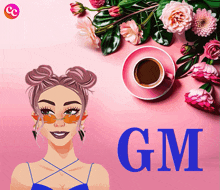 gm is written on a pink background with a woman and a cup of coffee