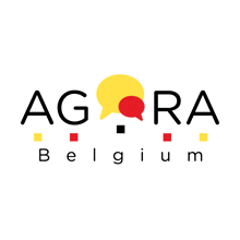 a logo for agora belgium shows a yellow and red speech bubble