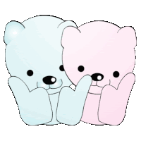 two teddy bears , one blue and one pink , are hugging each other .