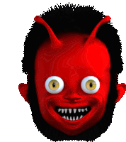 a cartoon devil with big yellow eyes and sharp teeth on a white background