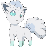 a white cartoon cat with blue eyes and a white tail