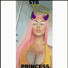 a woman with pink hair and devil horns is wearing a filter that says princess .