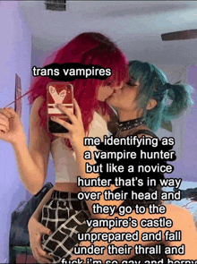 a couple of girls kissing with the words trans vampires on the bottom