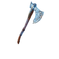 a large axe with a wooden handle and a blue blade on a white background