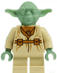 a lego figure of yoda with his eyes closed wearing a tan shirt