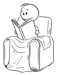 a stick figure is reading a book while sitting in a chair with a blanket .