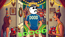 a cartoon of a man wearing a shirt that says dood on it