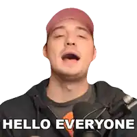 a man wearing a pink hat and a black hoodie says hello everyone