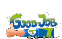 a cartoon drawing of a hand giving a thumbs up in front of the words " good job "