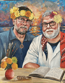 a painting of two men sitting at a table with a vase of flowers and an open book