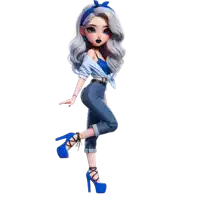 a doll with gray hair wearing blue jeans and blue heels