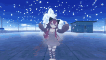 a girl with red hair and black ears is standing on a rooftop