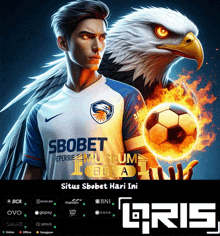 a man holding a soccer ball in front of an eagle that says ' situs sbobet hari ini '