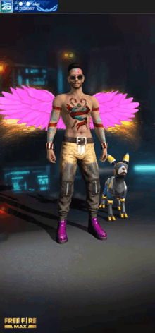 a man with pink angel wings is standing next to a dog