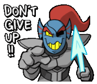 a cartoon character holding an arrow and saying " don t give up "