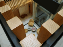 a maze of wooden blocks with a purple table in the center