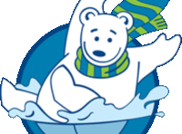 a polar bear with a scarf around its neck is swimming in a blue circle