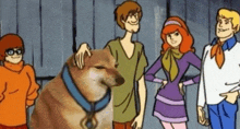 a group of scooby doo characters standing next to each other with a dog in the middle .