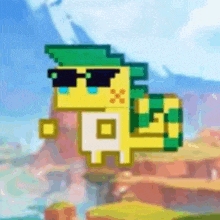 a pixel art drawing of a snake wearing sunglasses and a green hat .