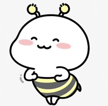 a cartoon drawing of a bee with a pink cheek and yellow ears