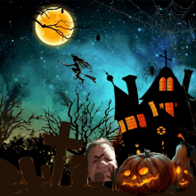 a halloween scene with a witch flying over a haunted house and pumpkins