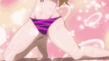 a woman in a purple and black bikini is dancing in front of a pink background