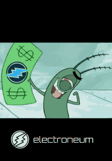 a cartoon character is holding a dollar bill with a lightning bolt on it in front of a logo for electroneum