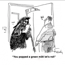 a cartoon of a grim reaper talking to a man with a scythe .