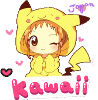 a drawing of a girl in a pikachu costume with the word kawaii written below her