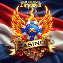 a poster for a museum bola casino with flaming poker chips